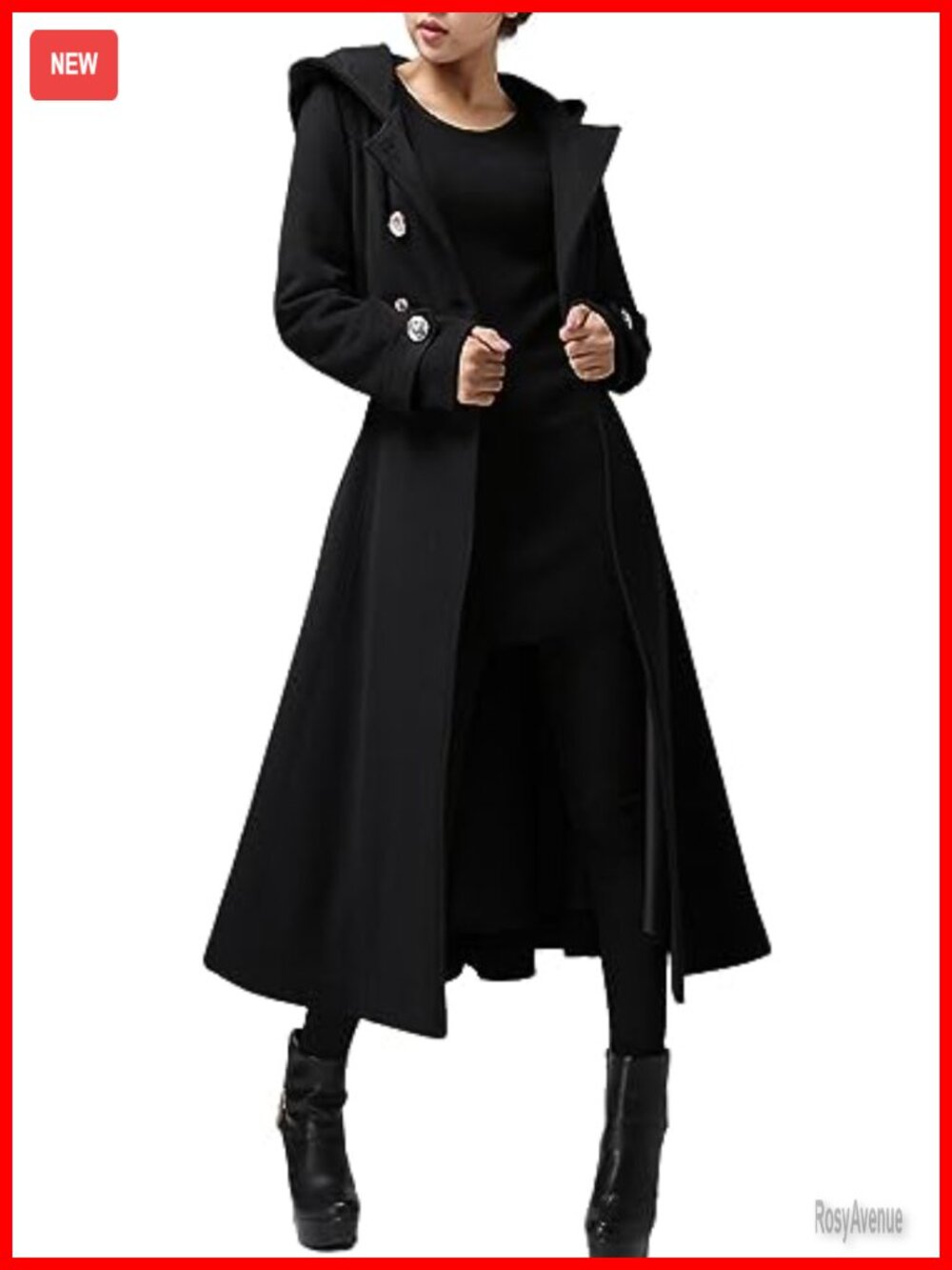 Long Double-Breasted Hooded Wool Blend Trench Coat Winter Windproof
